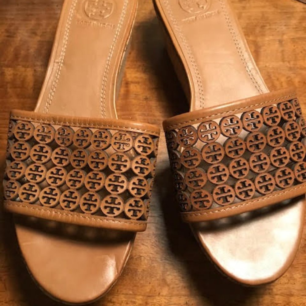 Tory Burch Brown Leather Monogram Cork Wedge